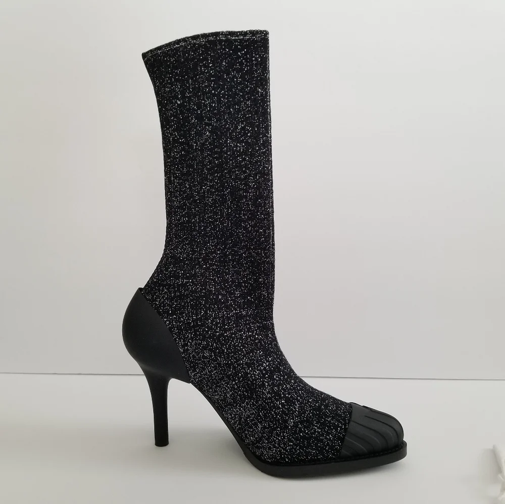 Chloe Lurex Knitted High Heel Elastic Sock Ankle Boots Size 36 Black Sil… - Picture 5 of 14